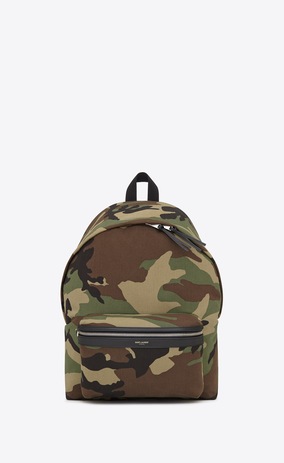 SAINT LAURENT Backpack Man city backpack in khaki cotton gabardine camouflage and black leather a_V4